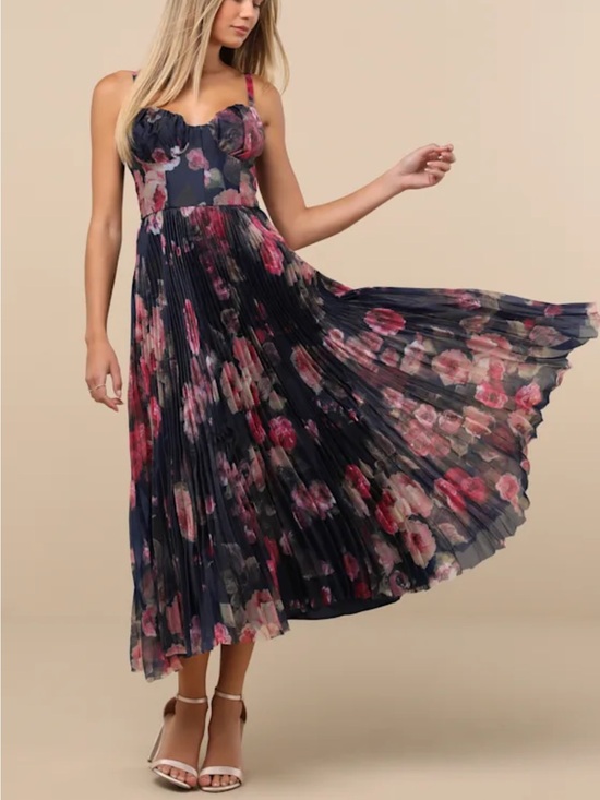 Lulus Dresses & Skirts - Lulus Alluring Invite Midnight Blue Floral Pleated Bustier Midi Dress XS